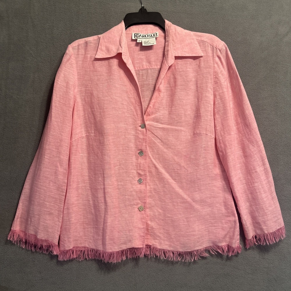 VTG Carlisle 100% Linen Button Up Shirt Fringe Trim Size 10 Barbie Pink Preppy‎